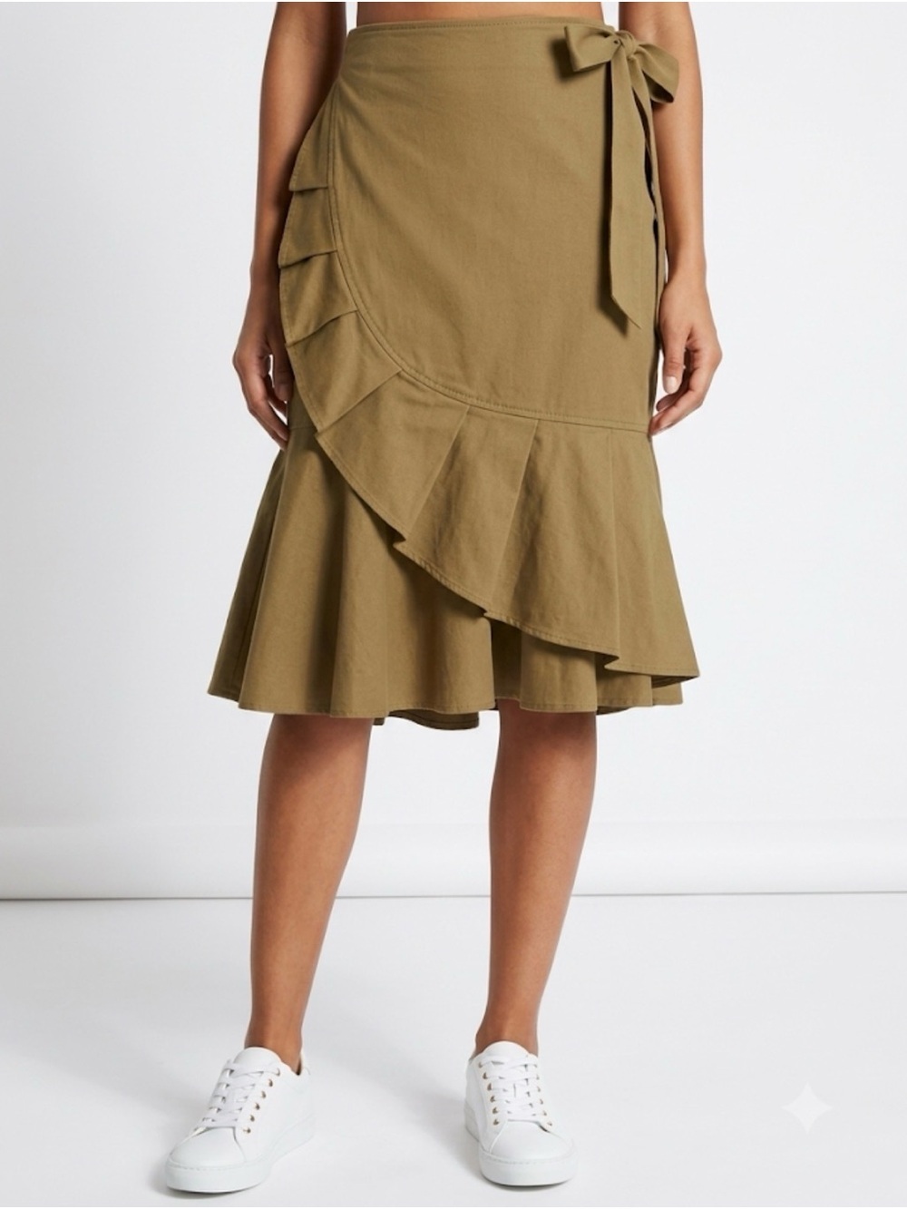 Who What Wear Olive Tie-Waist Ruffle Midi Skirt
